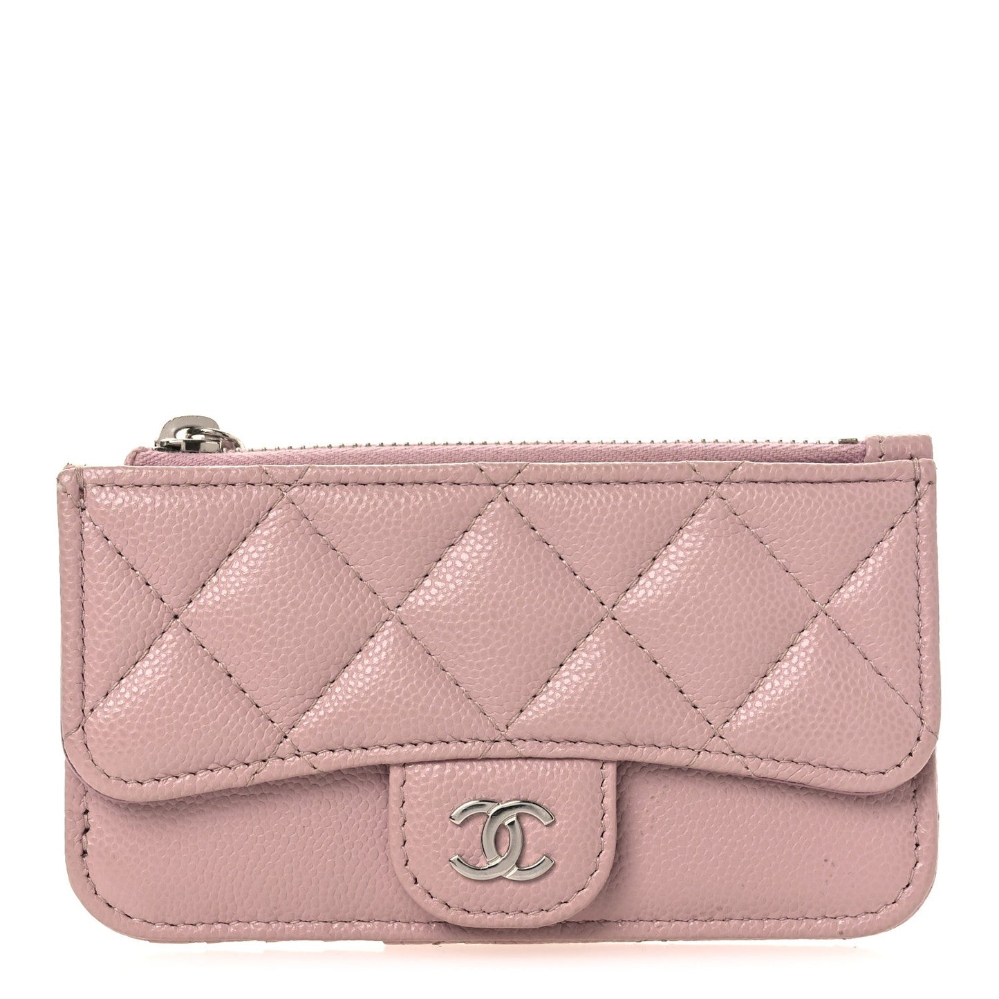 Caviar Quilted Flap Zip Card Holder Light Pink
