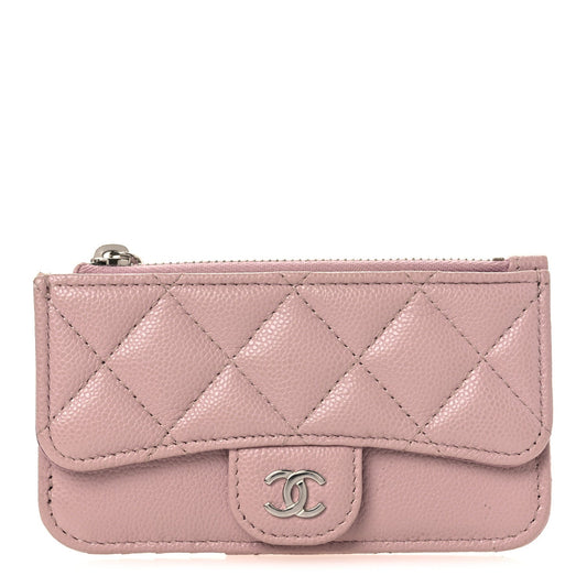 Caviar Quilted Flap Zip Card Holder Light Pink