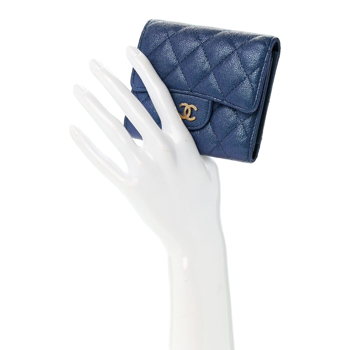 Iridescent Caviar Flap Quilted Card Holder Wallet Dark Blue