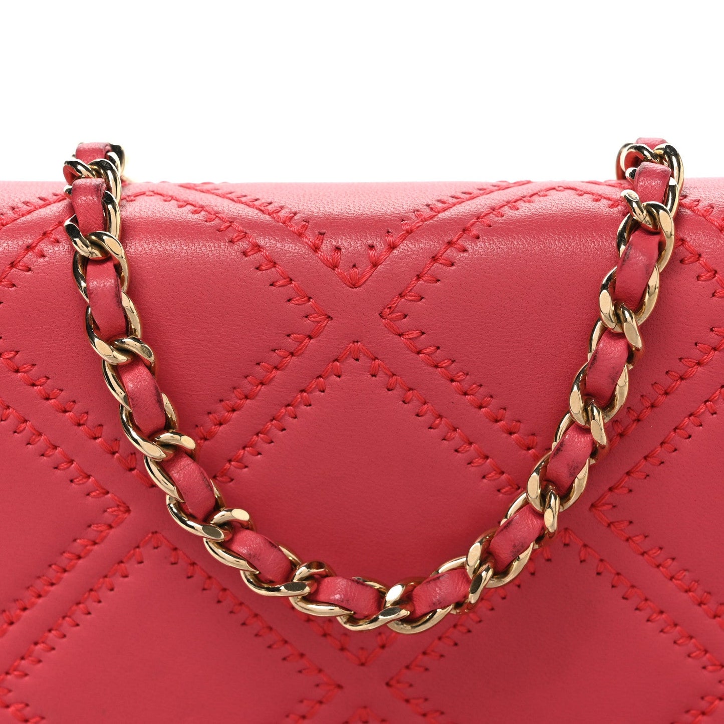 Lambskin Quilted Double Stitch Tassel Wallet On Chain WOC Pink