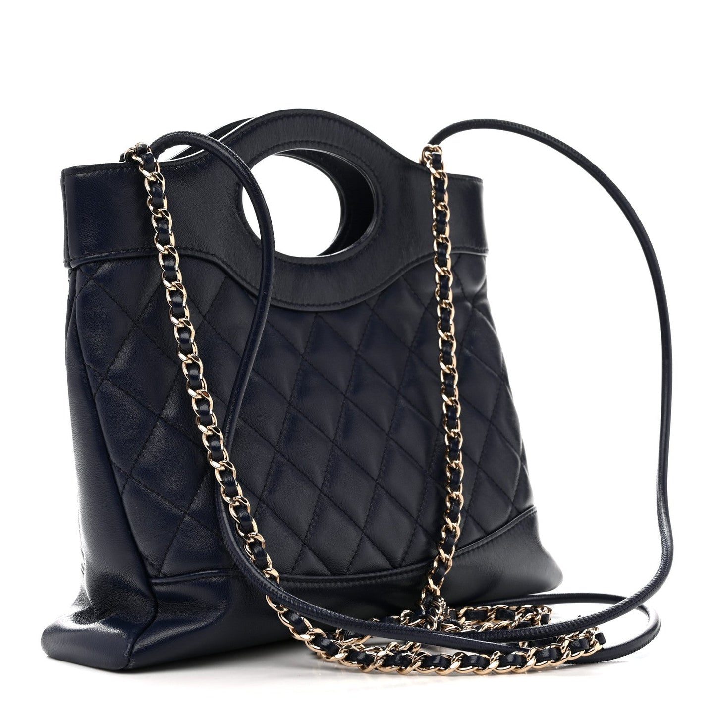 Shiny Crumpled Calfskin Quilted Mini 31 Shopping Bag Navy Blue