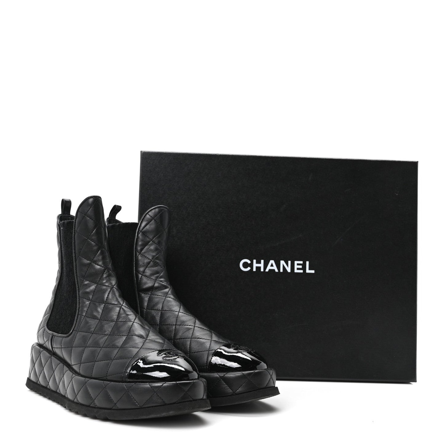 Lambskin Patent CC Cap Toe Quilted Short Platform Boots 39 Black