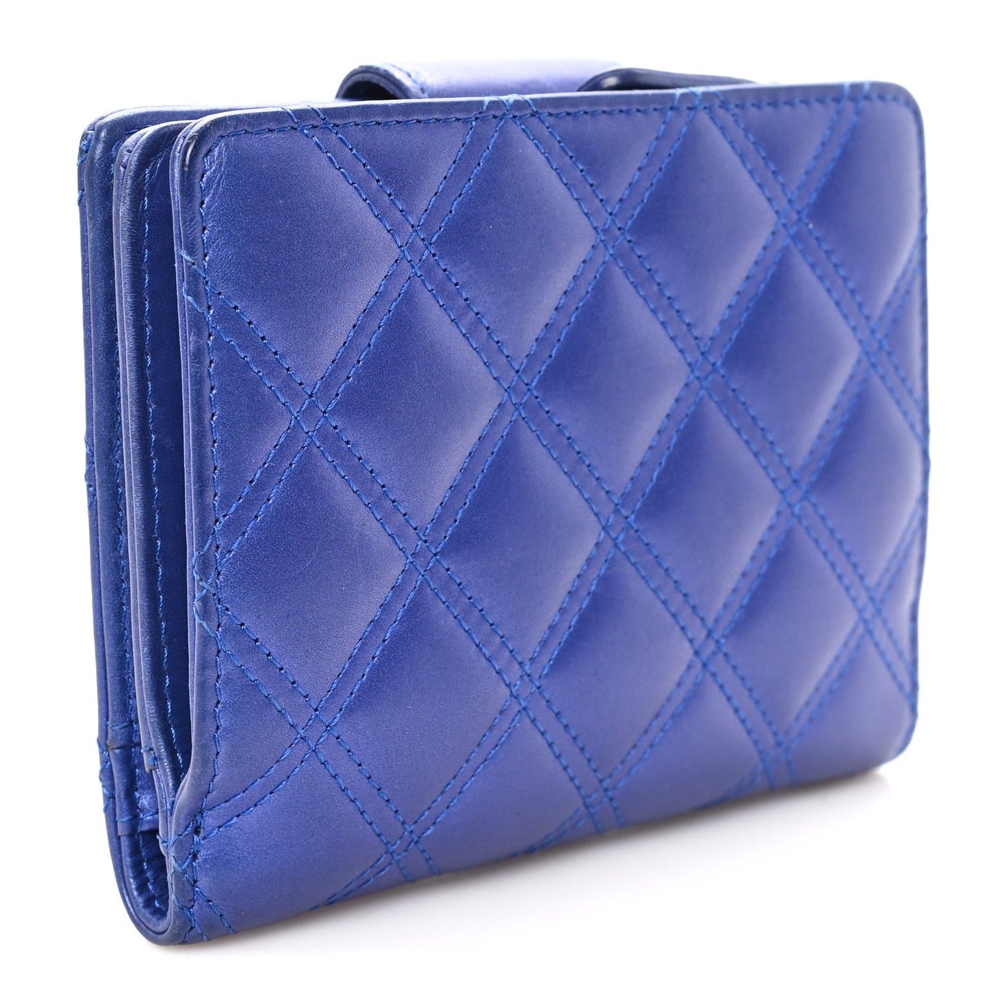 Iridescent Lambskin Quilted Double Stitch Compact Zipped Pocket Wallet Purple