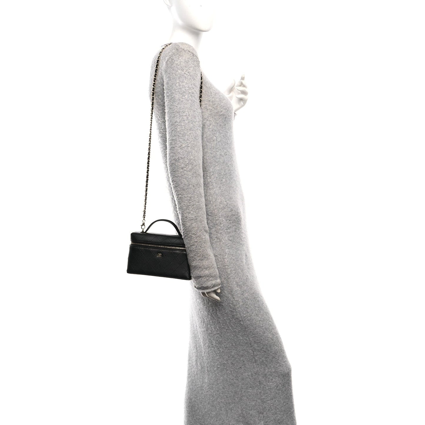 Goatskin Stitched Top Handle Slim Vanity With Chain Black