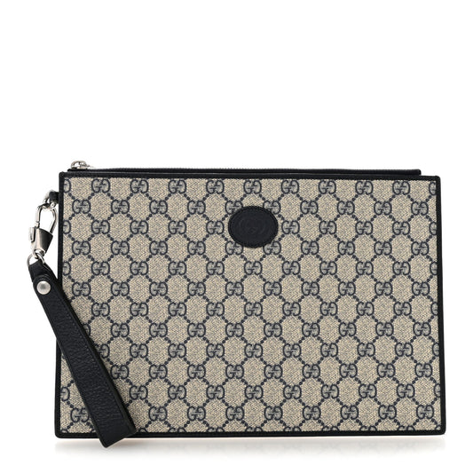 GG Supreme Monogram Textured Dollar Calfskin Retro Interlocking G Wristlet Pouch Beige Blue
