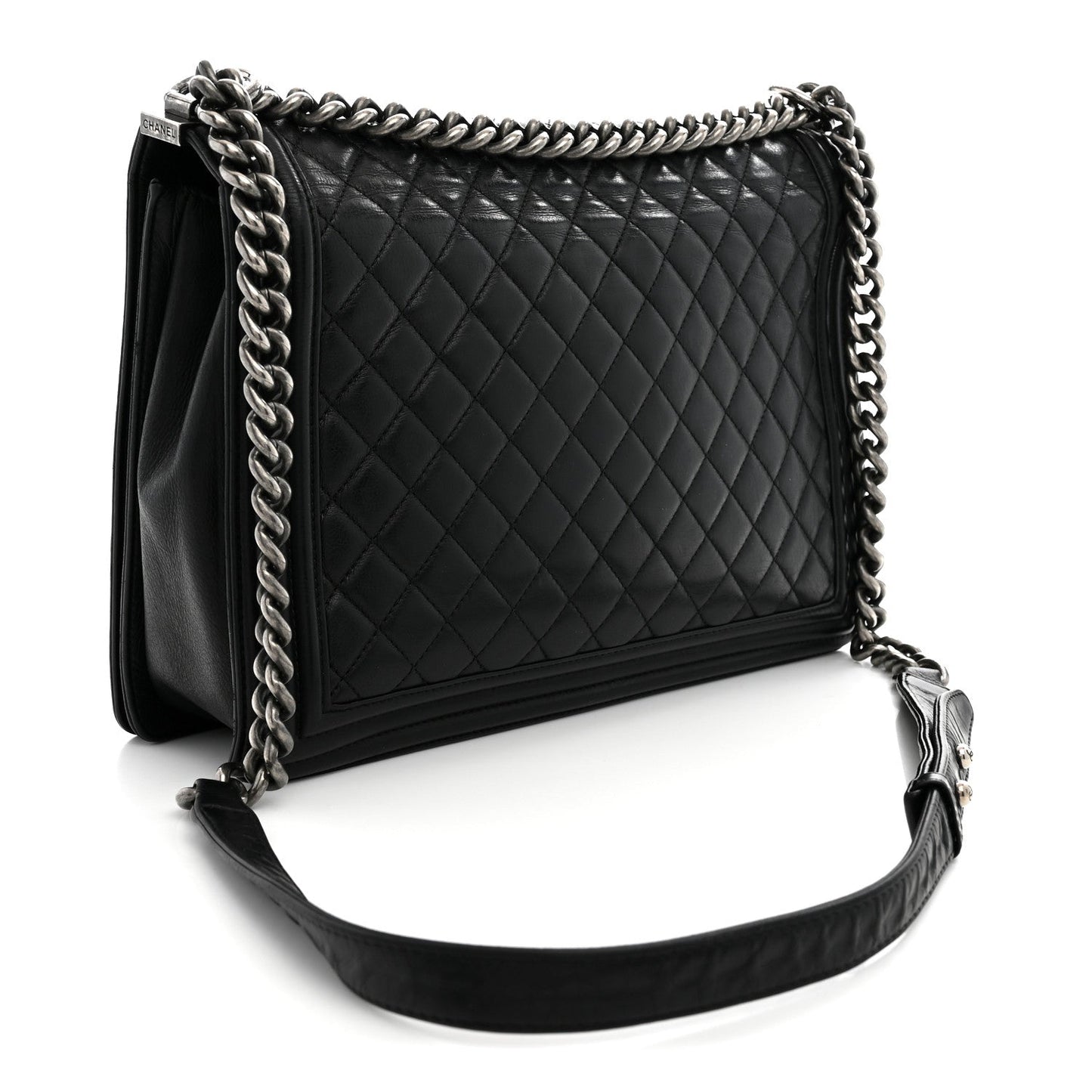 Calfskin Quilted Large Boy Flap Black