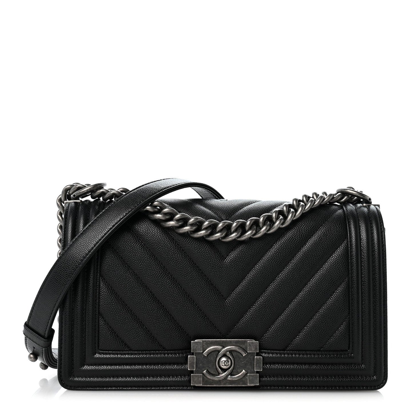 Caviar Chevron Quilted Medium Boy Flap Black