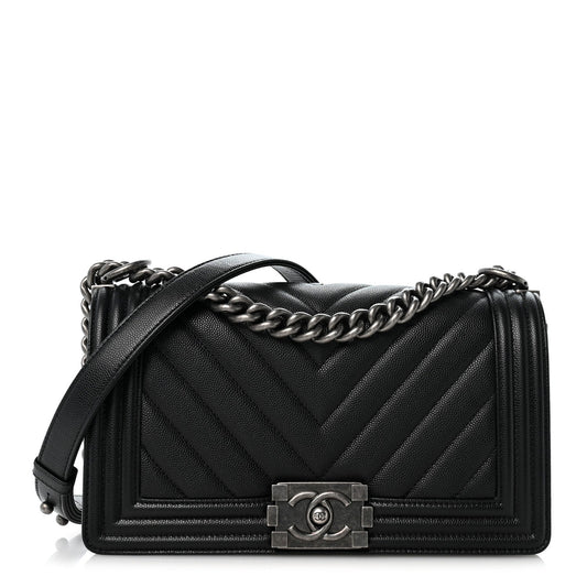 Caviar Chevron Quilted Medium Boy Flap Black