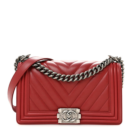 Calfskin Chevron Quilted Medium Boy Flap  Dark Red