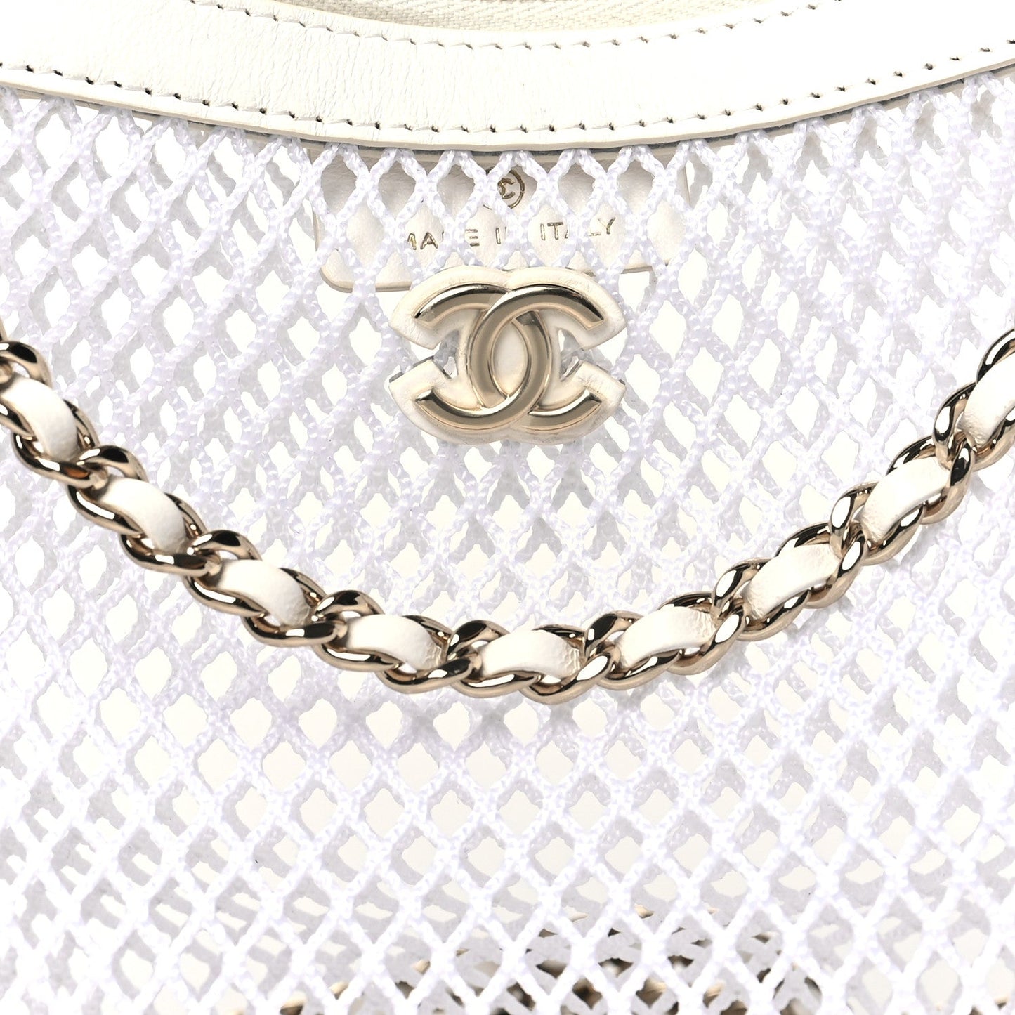 Mesh Shiny Lambskin Chain Hobo White