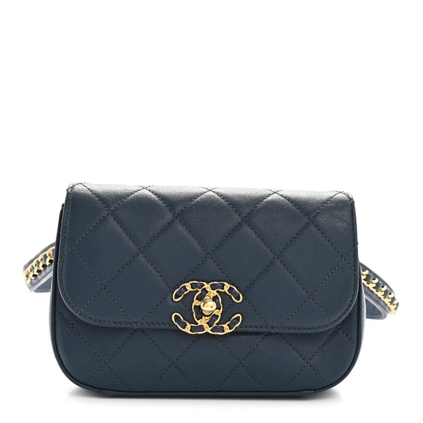 Lambskin Quilted Chain Infinity Waist Belt Bag Blue