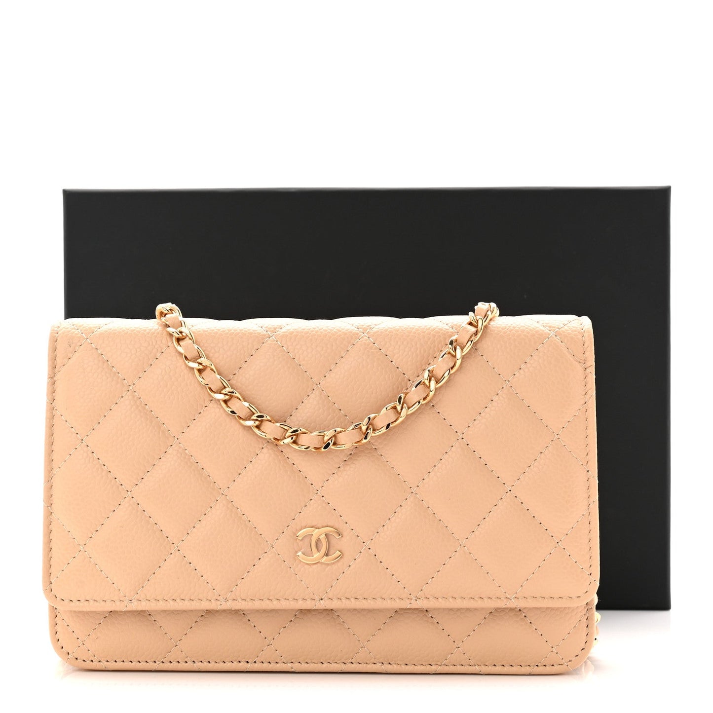 Caviar Quilted Wallet on Chain WOC Beige