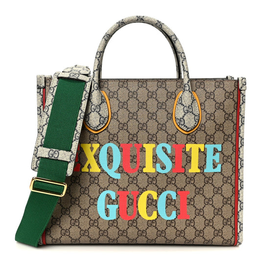 GG Supreme Monogram Exquisite Small Tote Beige Ebony Blue Crop Live Red