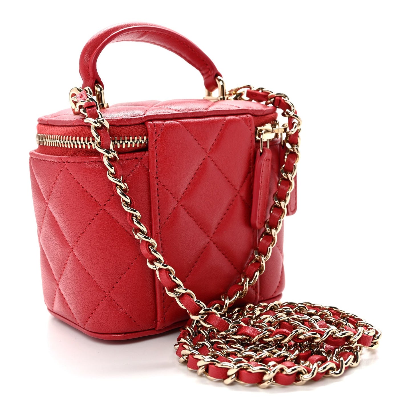 Lambskin Quilted Mini Top Handle Vanity Case With Chain Red