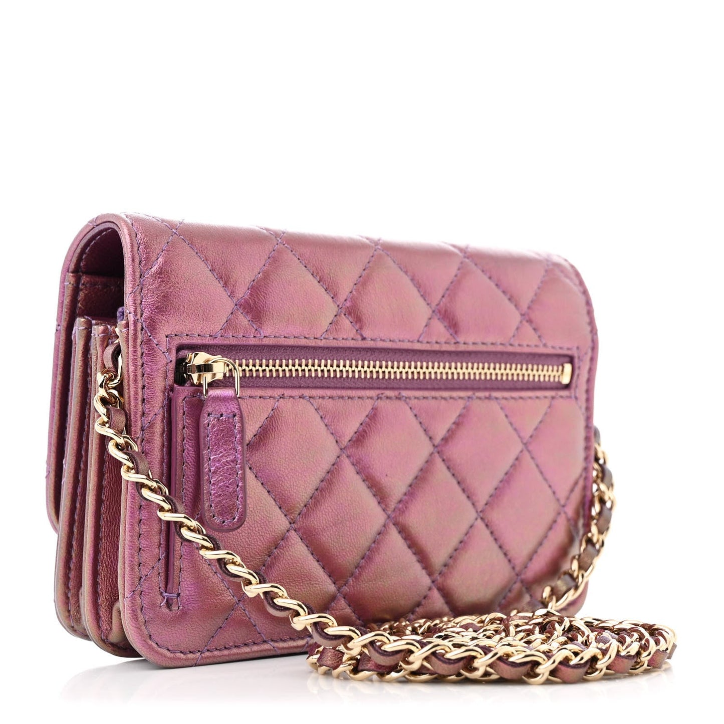 Iridescent Lambskin Quilted Mini Wallet On Chain WOC Purple