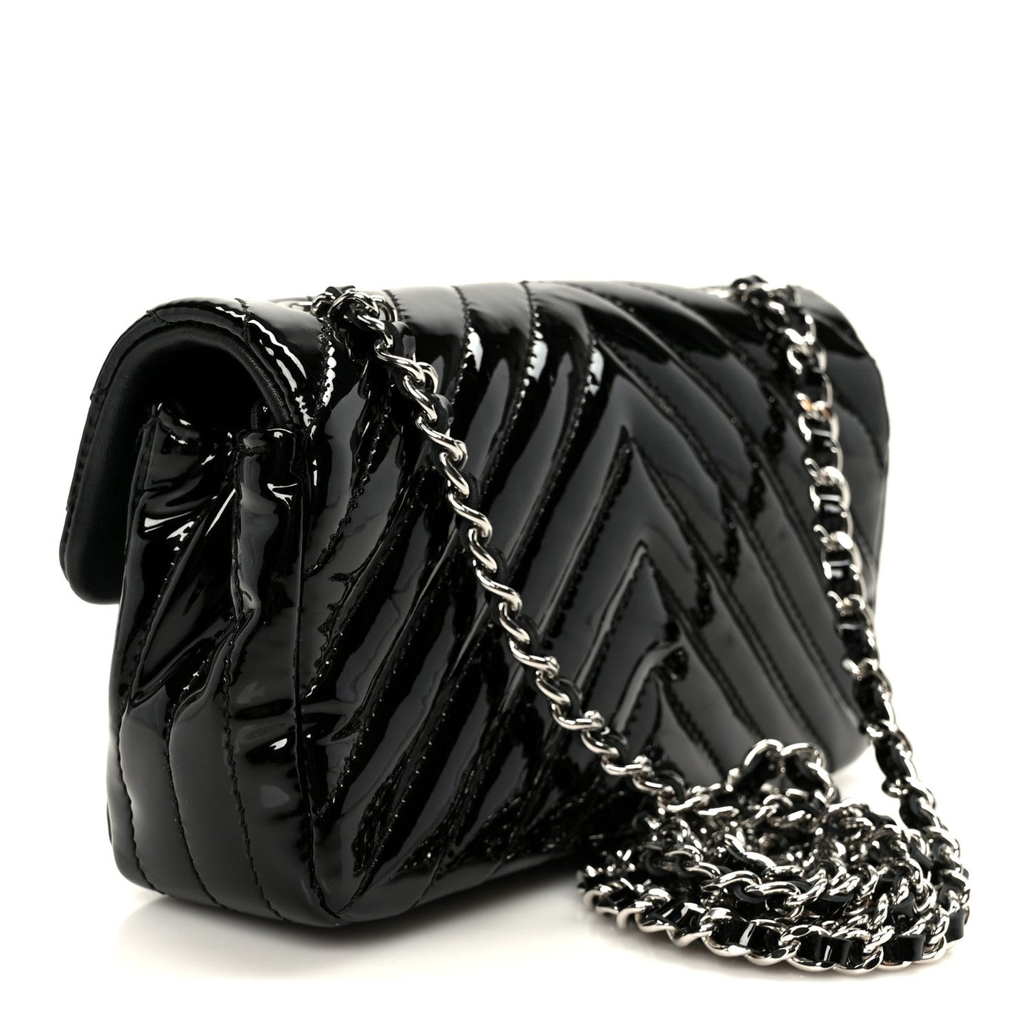 Patent Calfskin Chevron Quilted Extra Mini Flap Black