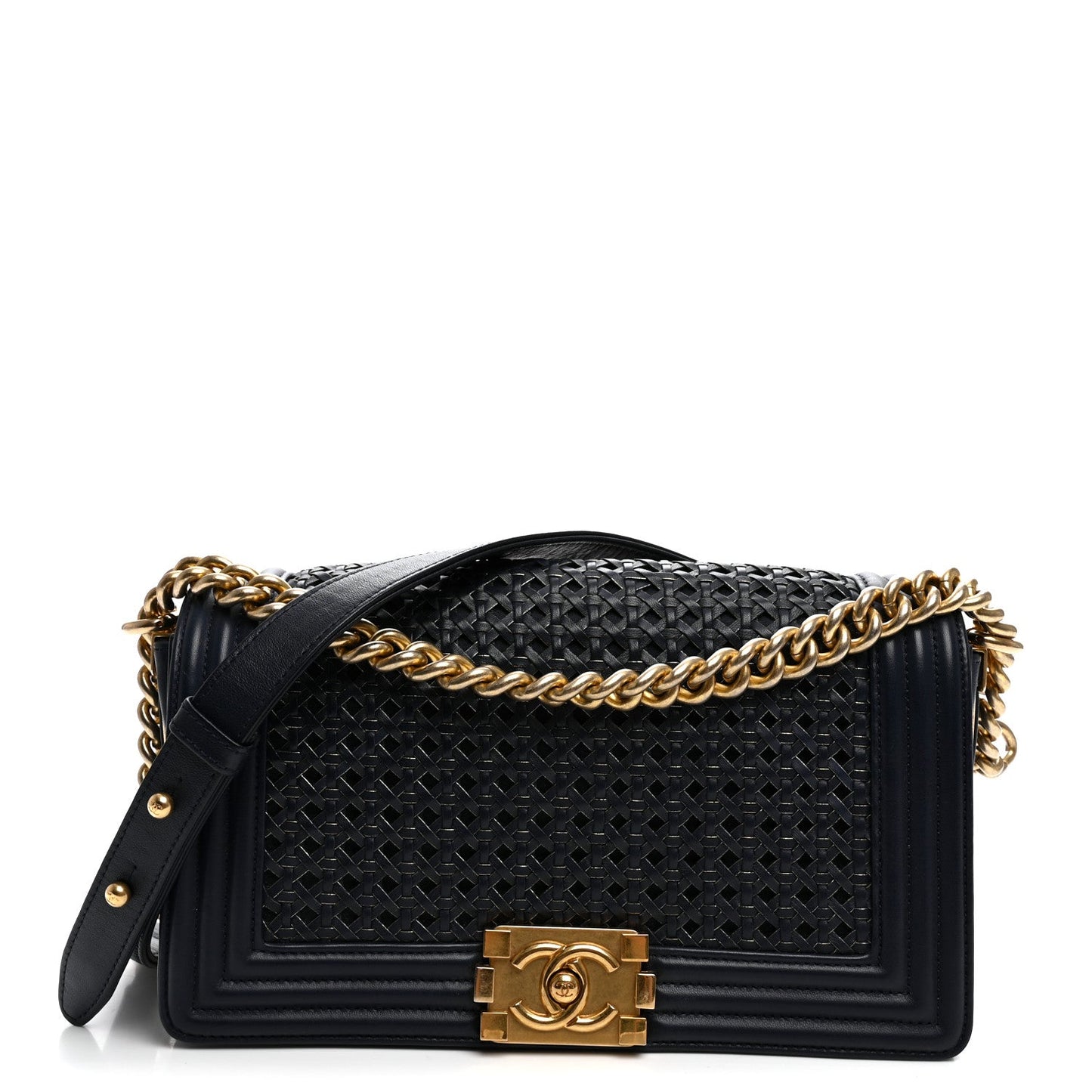 Lambskin Braided Woven Medium Boy Flap  Navy