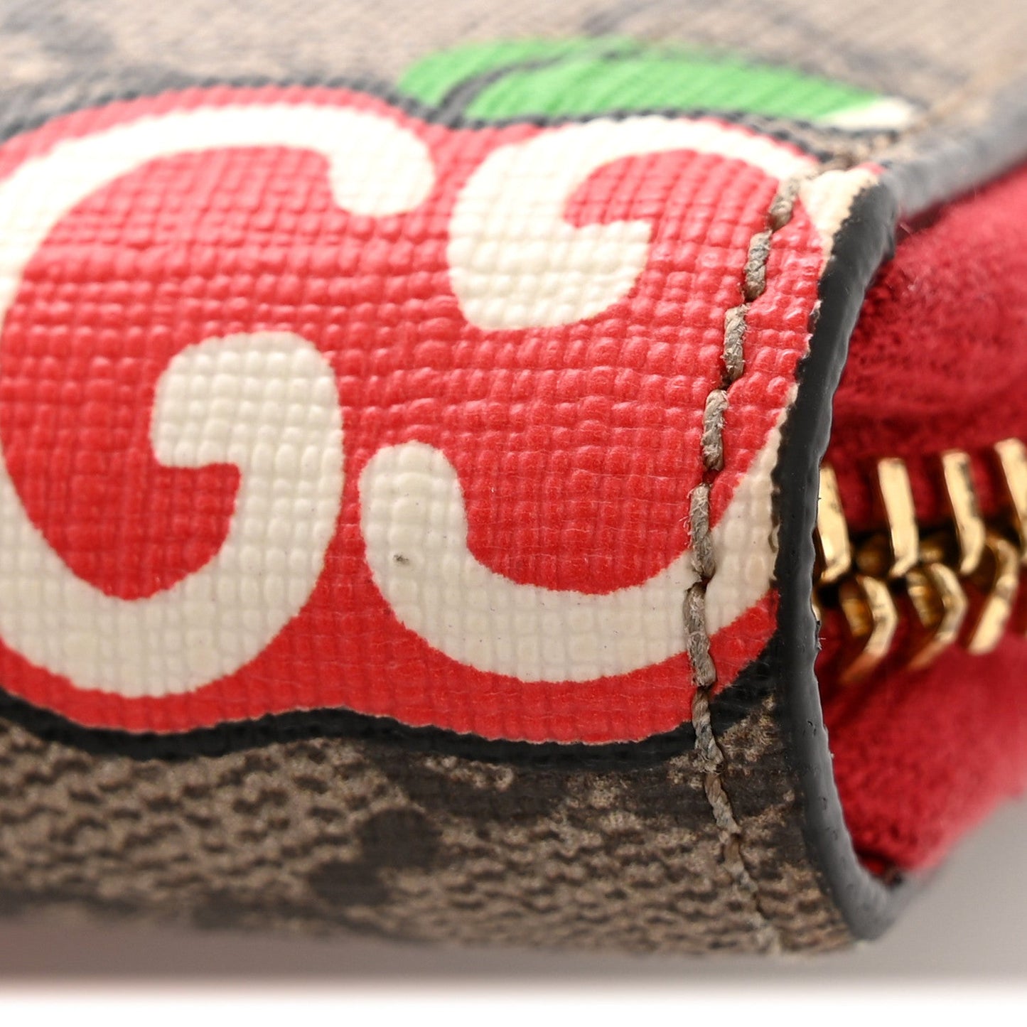 GG Supreme Monogram Apple Zip Around Wallet Beige Multicolor Lobster Red