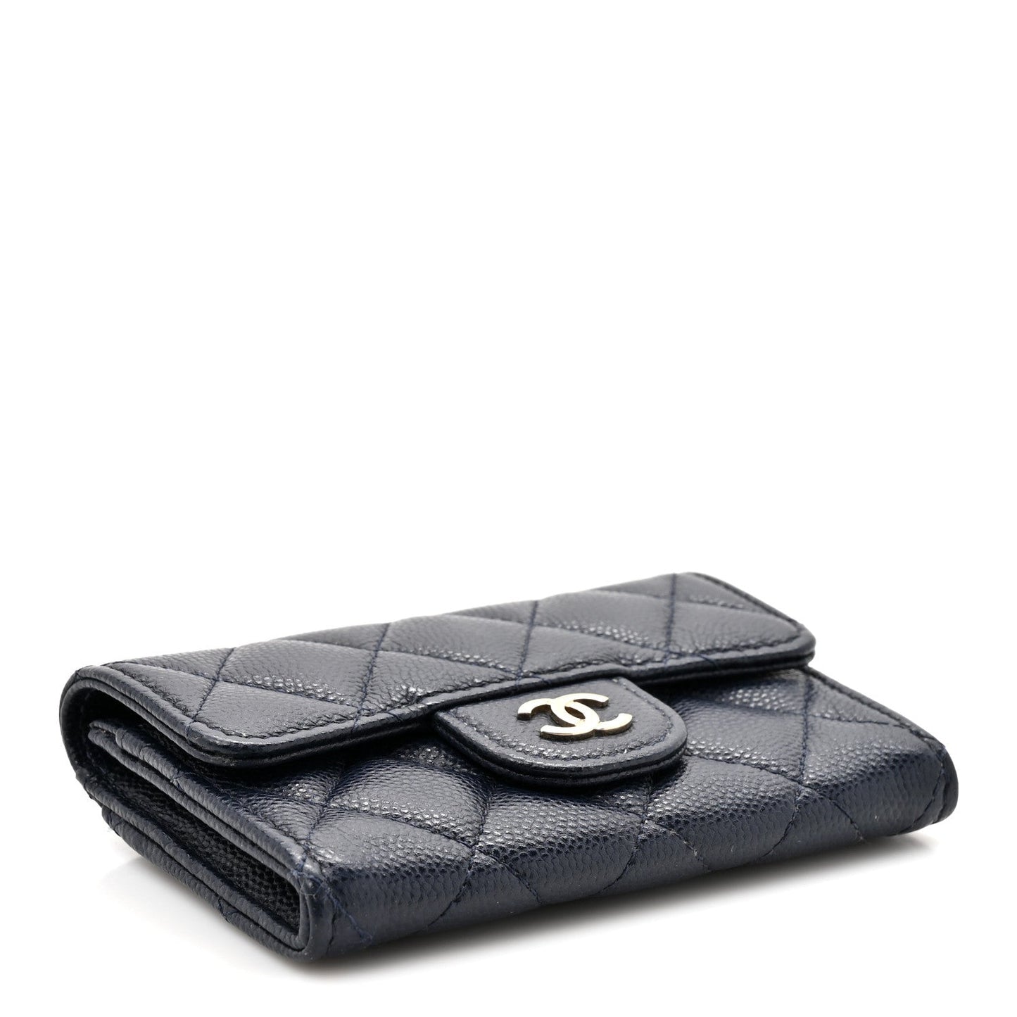 Caviar Quilted Flap Card Holder Wallet Navy Blue