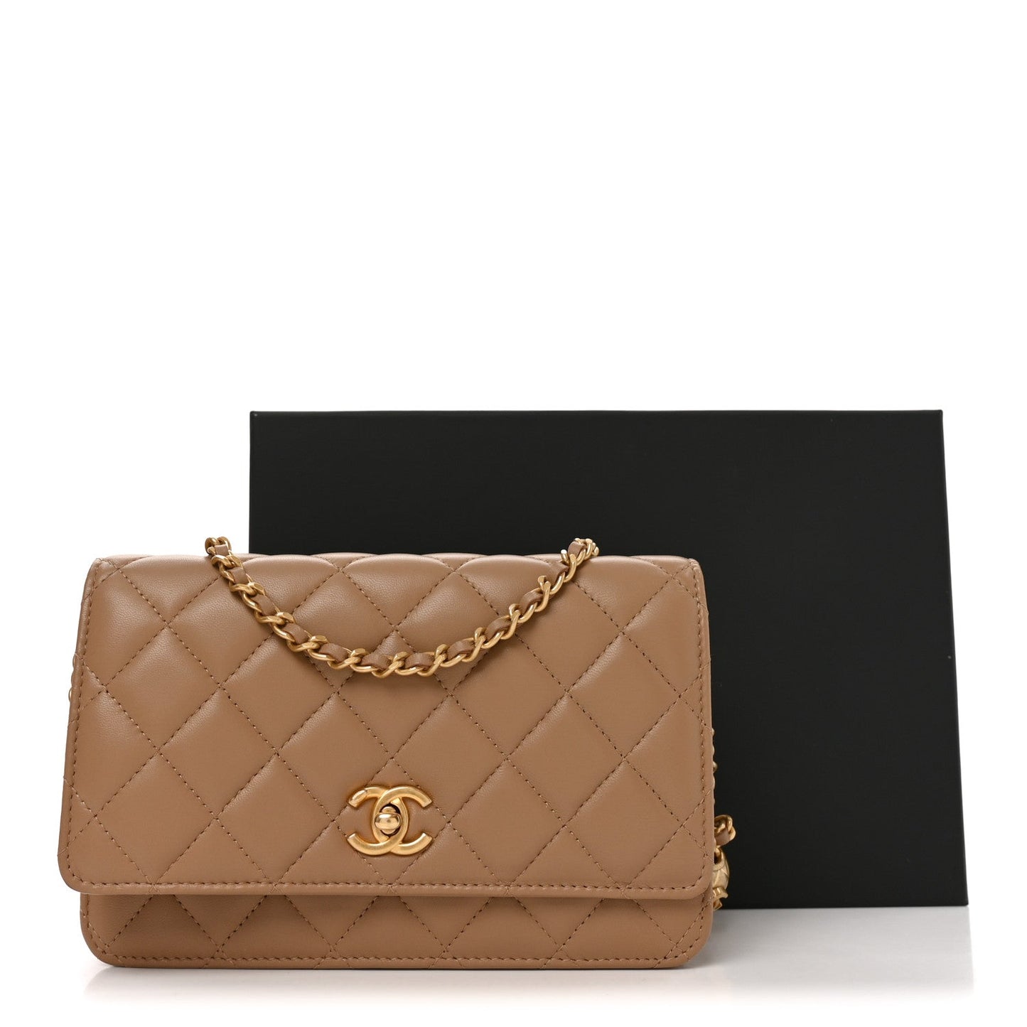 Lambskin Quilted CC Pearl Crush Wallet on Chain WOC Beige