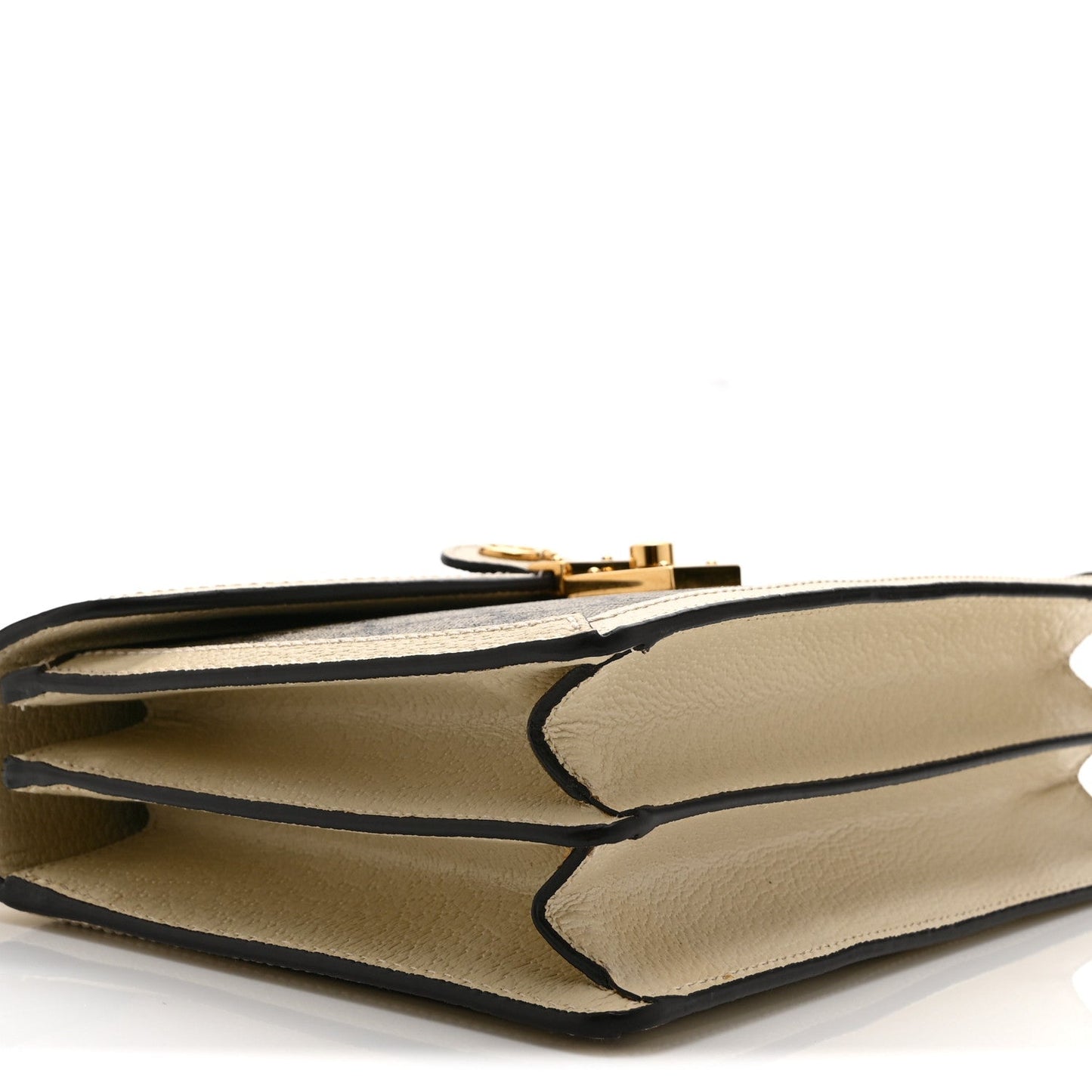 GG Supreme Monogram Textured Dollar Calfskin Web Small Ophidia Padlock Top Handle Bag Beige Ebony Mystic White