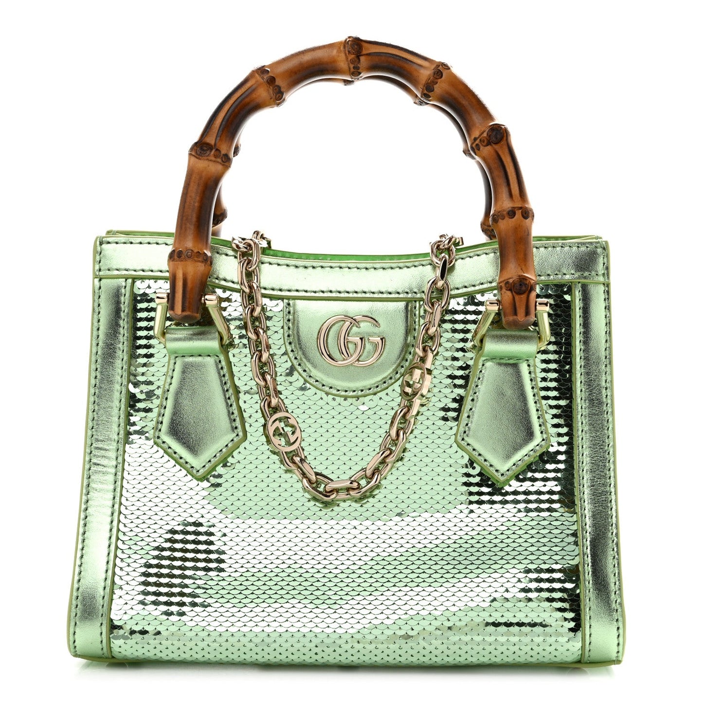 Metallic Calfskin Sequin Mini Diana Tote Bag Green
