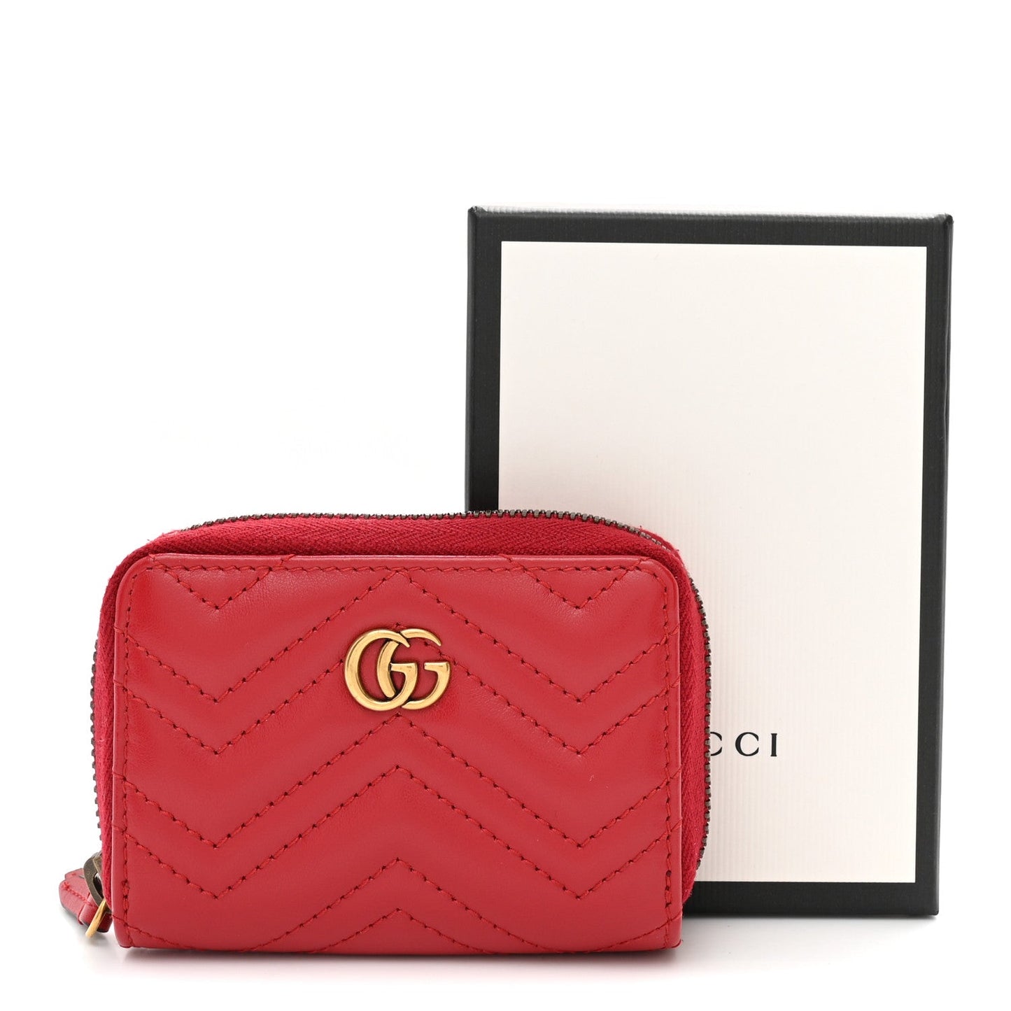 Calfskin Matelasse GG Marmont Zip Around Card Case Hibiscus Red