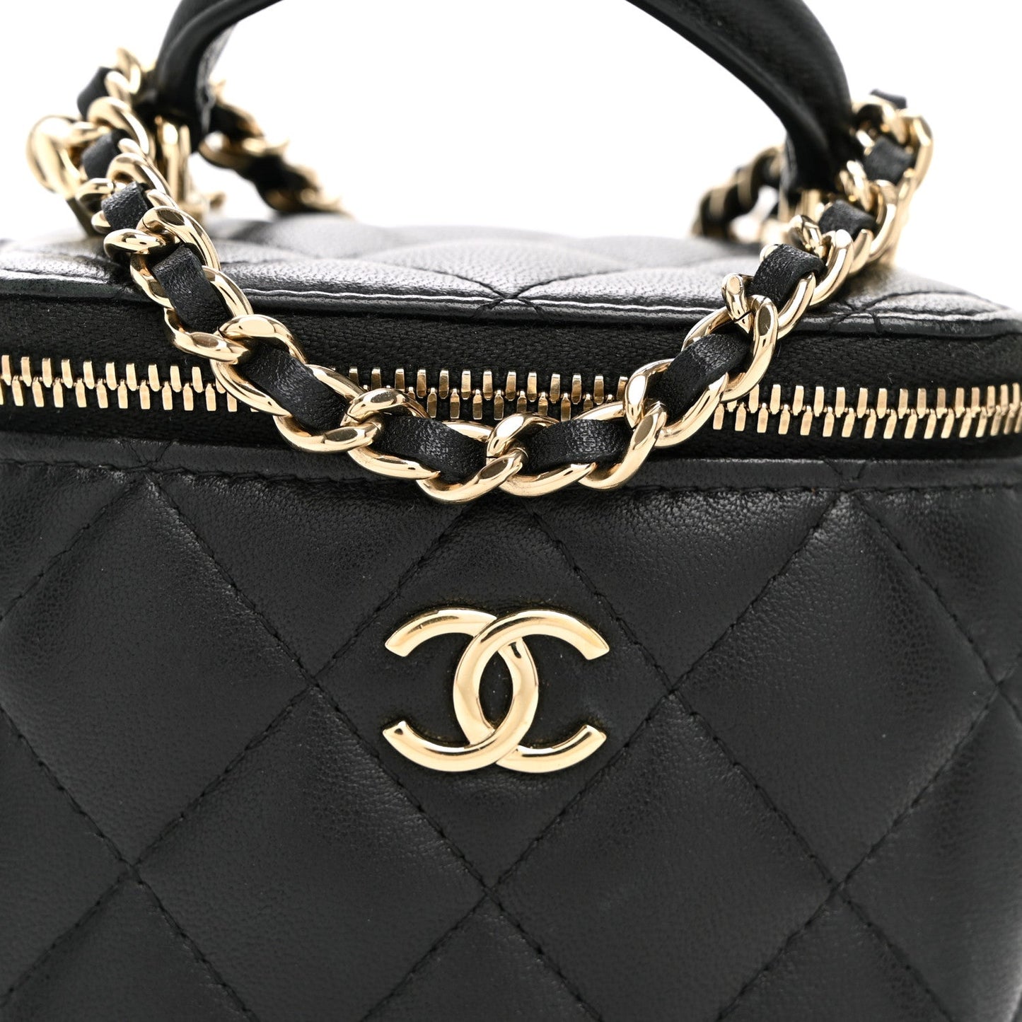 Lambskin Quilted Top Handle Mini Vanity Case With Chain Black