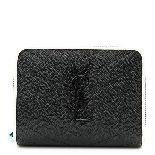 Grain De Poudre Matelasse Chevron Monogram Compact Zip Around Wallet Black White