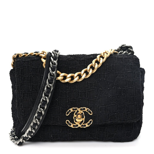 Tweed Quilted Medium Chanel 19 Flap Black Black