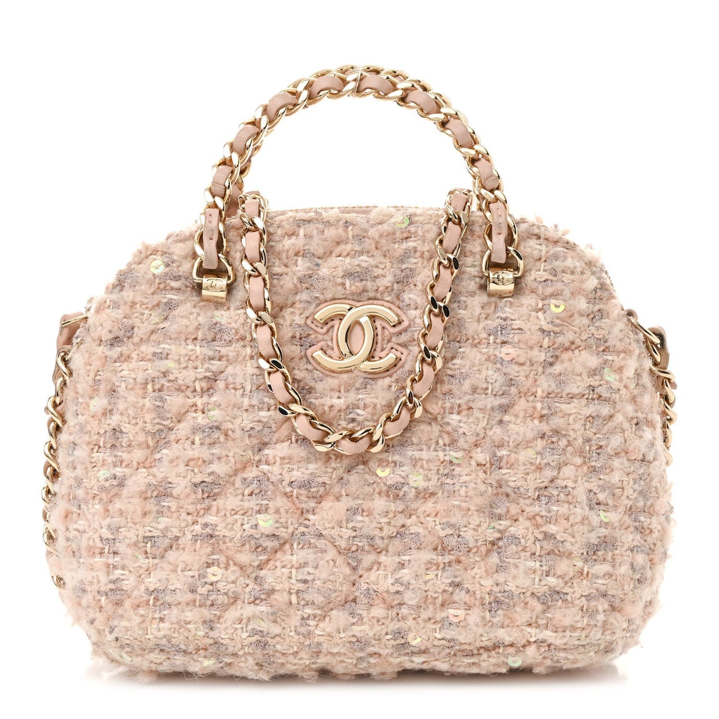 Cotton Wool Tweed Sequin Quilted Shiny Coco Clutch With Chain Light Pink Beige Ecru