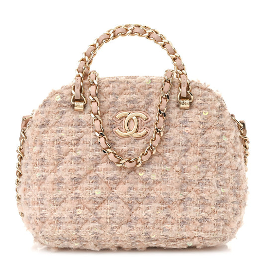 Cotton Wool Tweed Sequin Quilted Shiny Coco Clutch With Chain Light Pink Beige Ecru