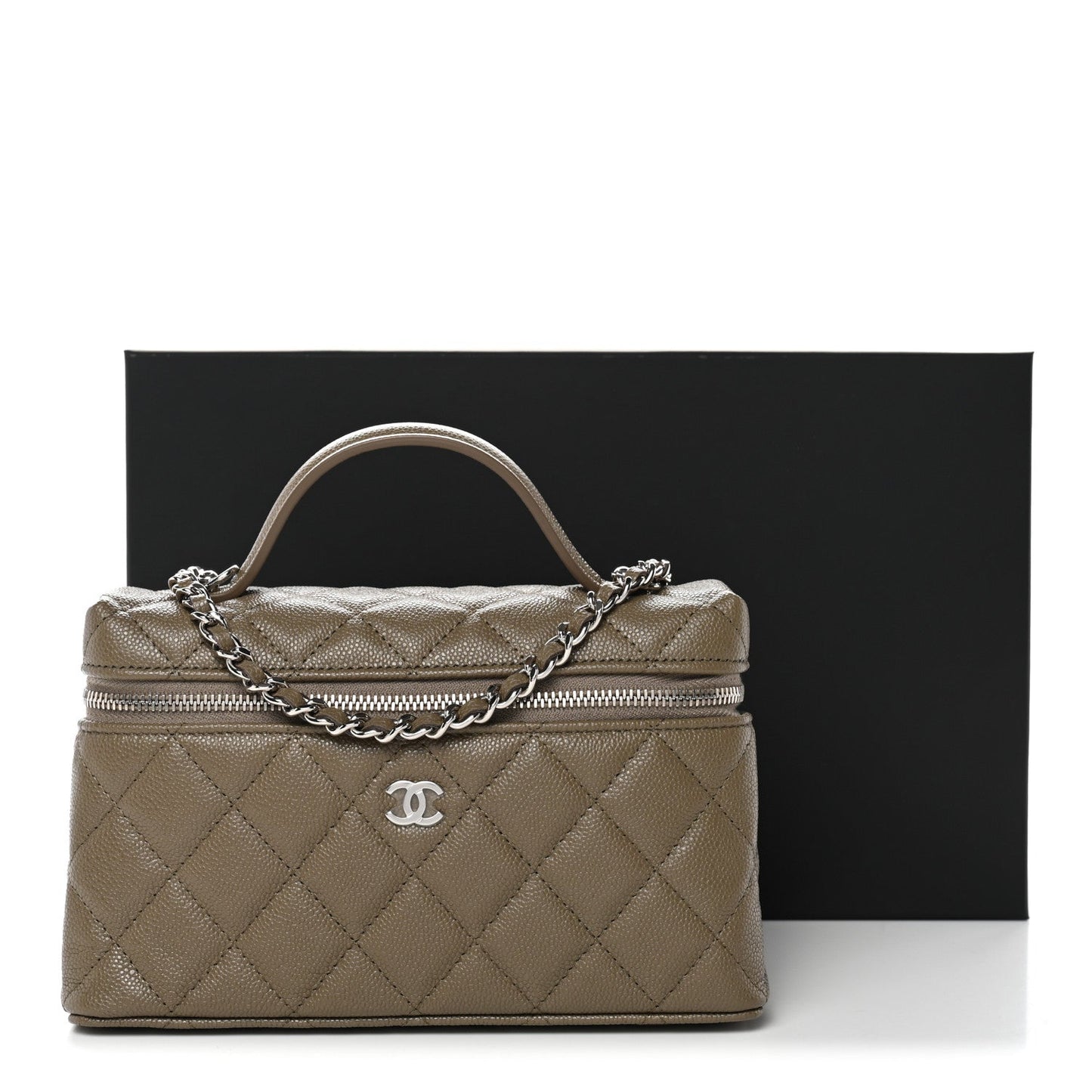 Caviar Quilted Top Handle Slim Vanity With Chain Dark Khaki