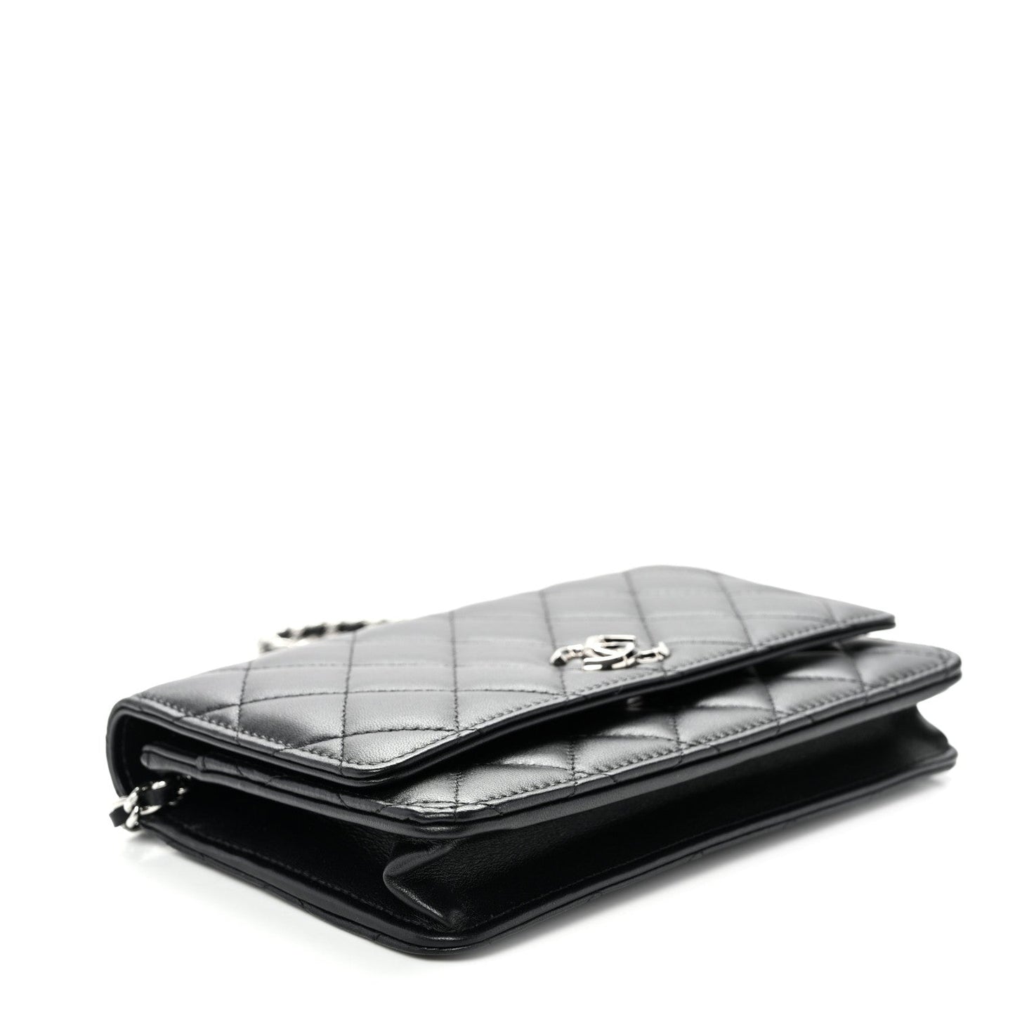Lambskin Quilted Enamel CC Wallet on Chain WOC Black