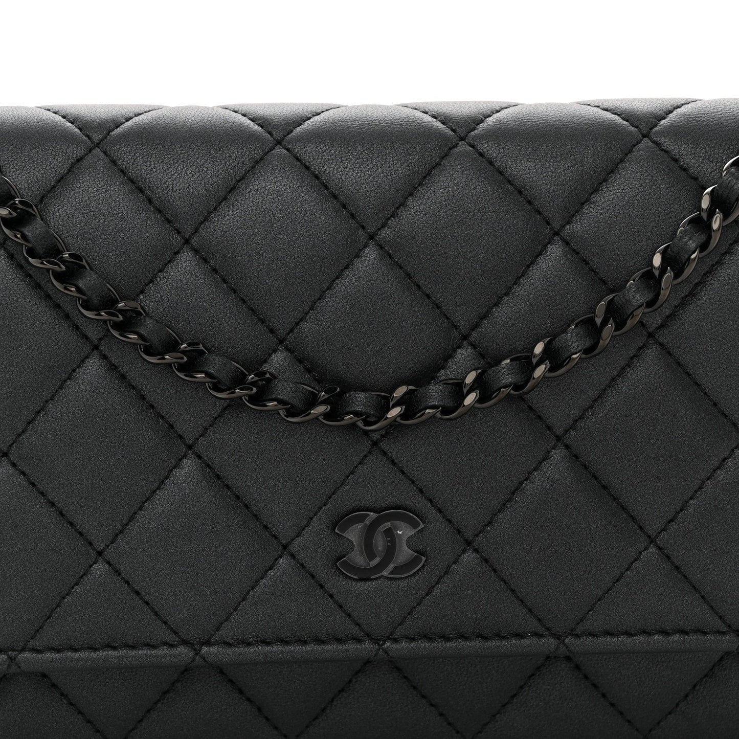Pearly Lambskin Quilted Wallet On Chain WOC So Black