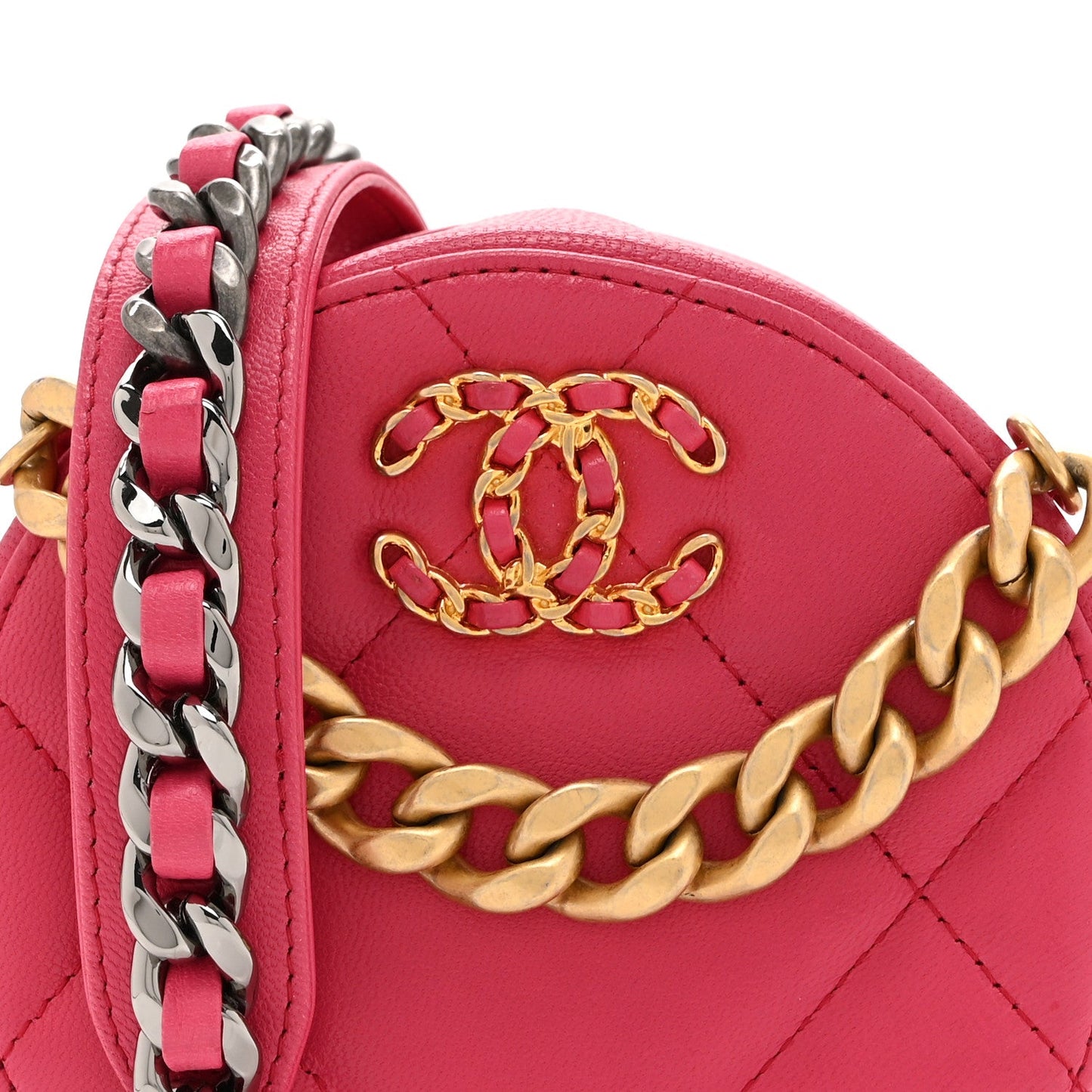 Lambskin Quilted Chanel 19 Round Clutch With Chain Pink