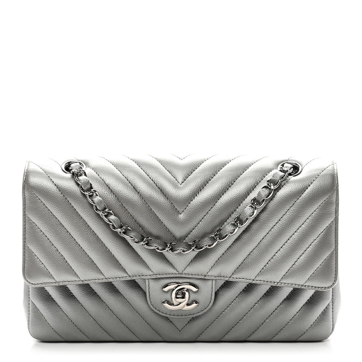 Metallic Caviar Chevron Quilted Medium Double Flap Silver