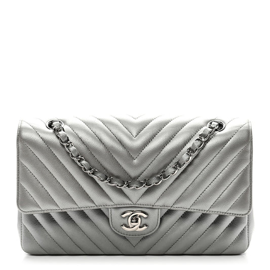 Metallic Caviar Chevron Quilted Medium Double Flap Silver