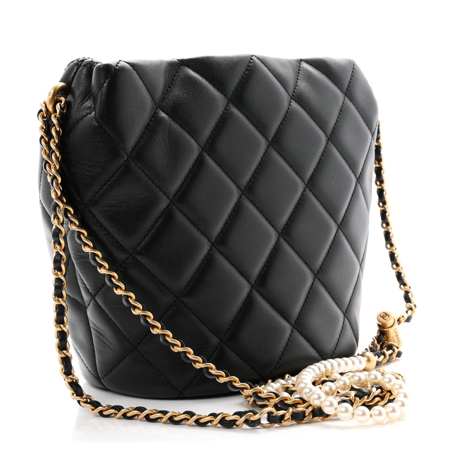 Lambskin Quilted My Perfect Chain Bucket Drawstring Bag Black