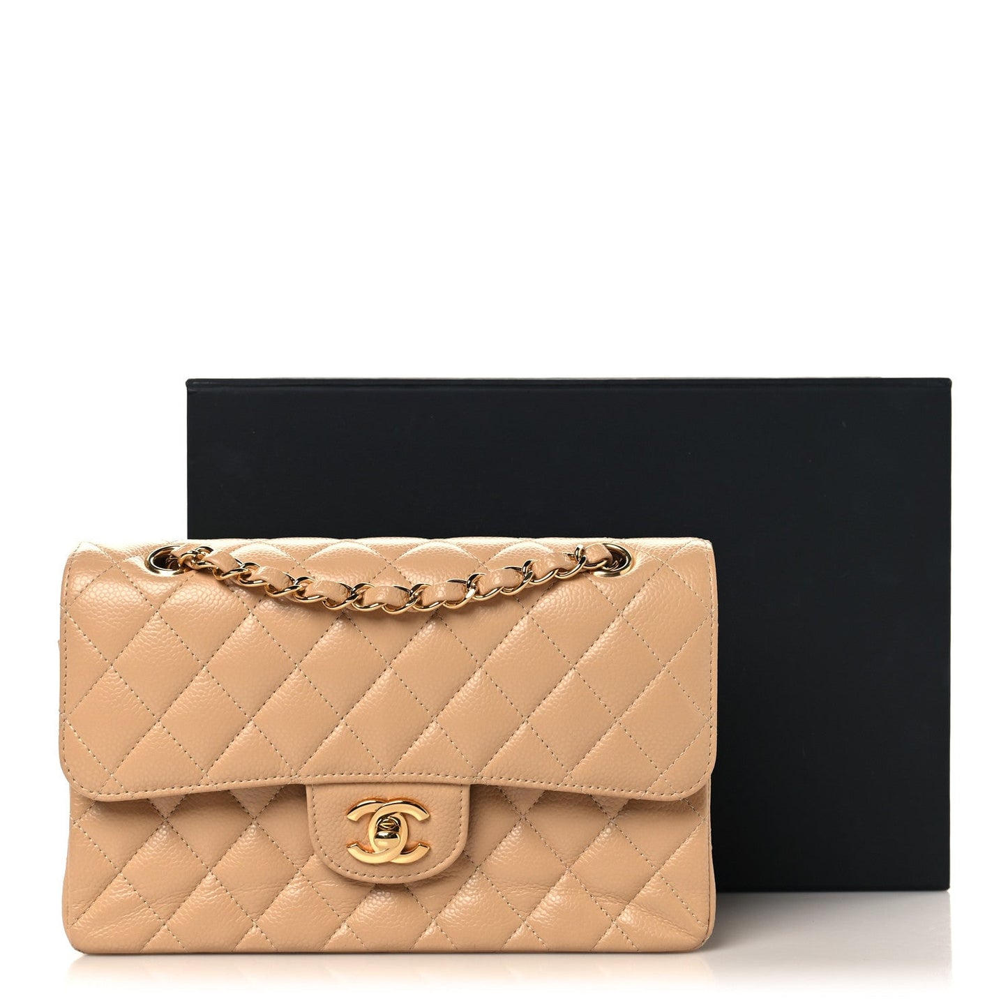 Caviar Quilted Small Double Flap Beige