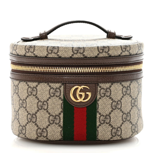 GG Supreme Monogram Textured Calfskin Web Ophidia Vanity Cosmetic Case Beige Ebony New Acero