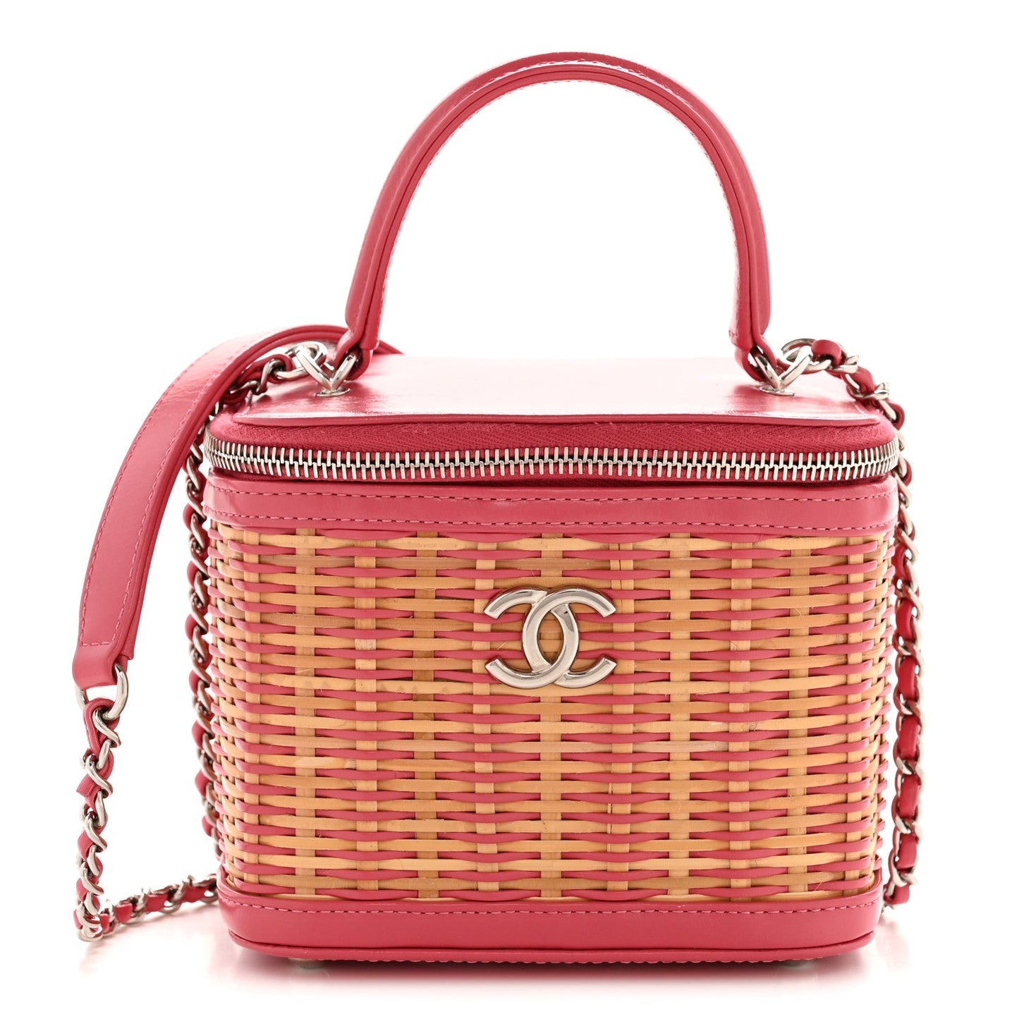 Calfskin Raffia Small Take Away Vanity Case Bag Pink Beige