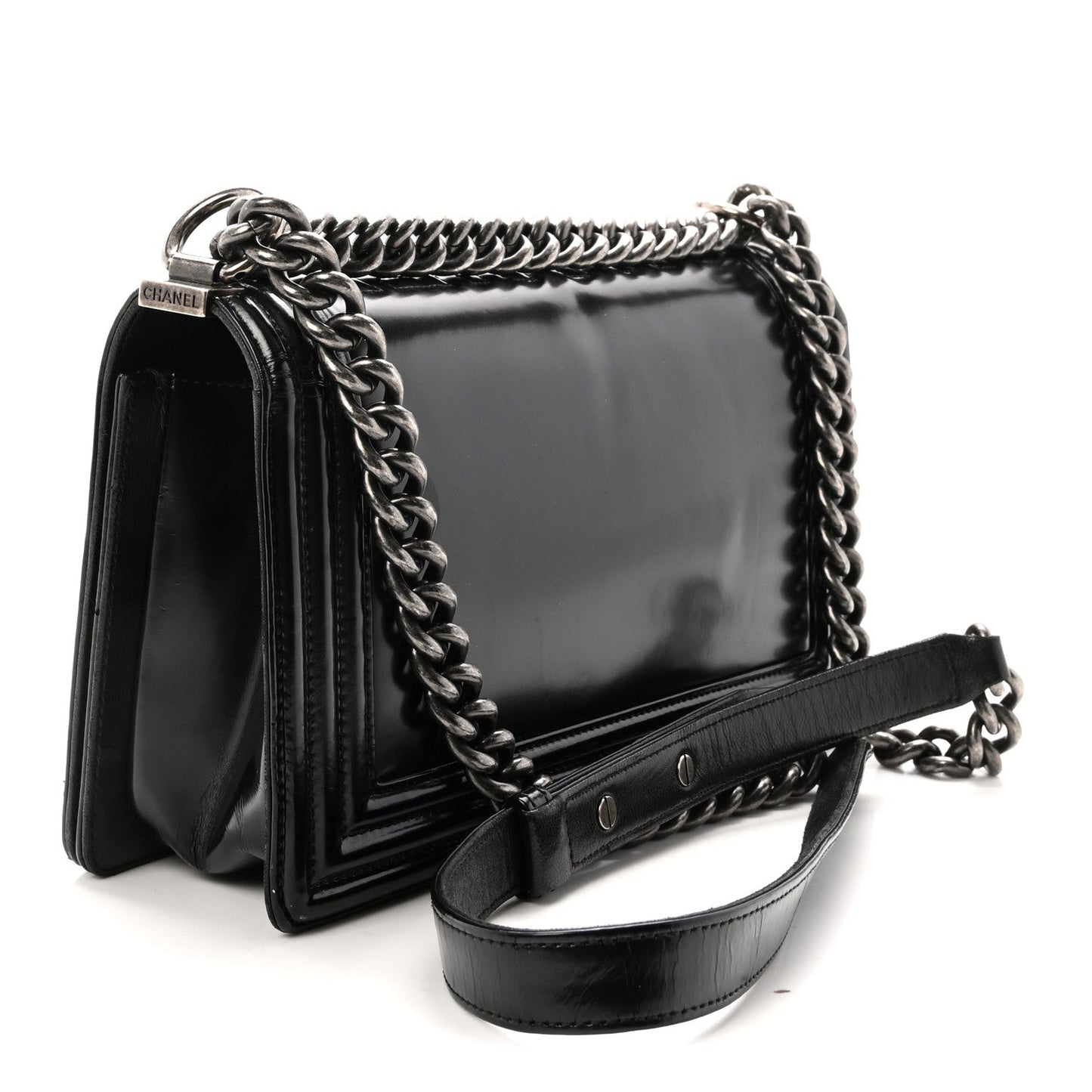 Glazed Calfskin Medium Boy Flap Black