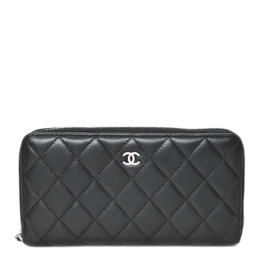 Lambskin Quilted Large Gusset Zip Around Wallet Black