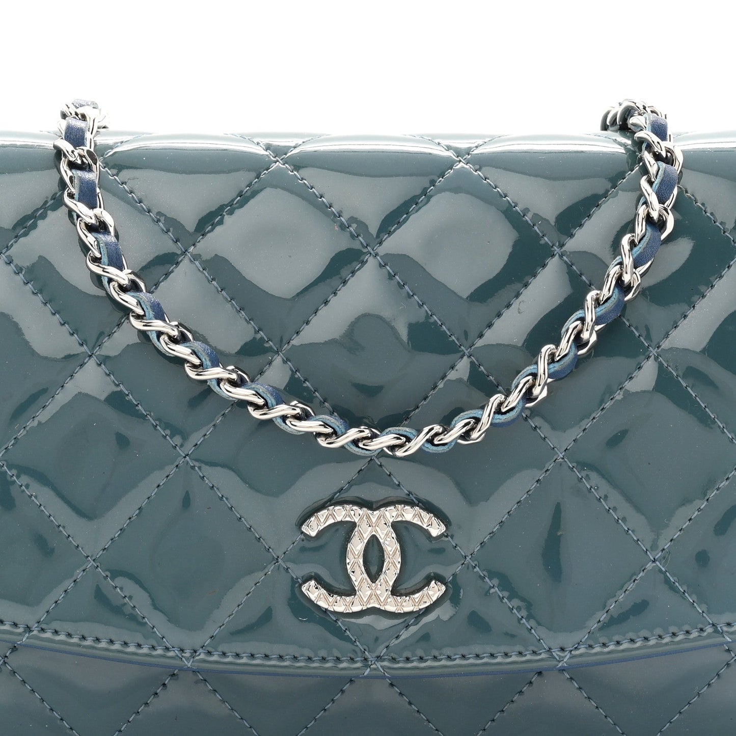 Patent Quilted Brilliant Wallet On Chain WOC Blue
