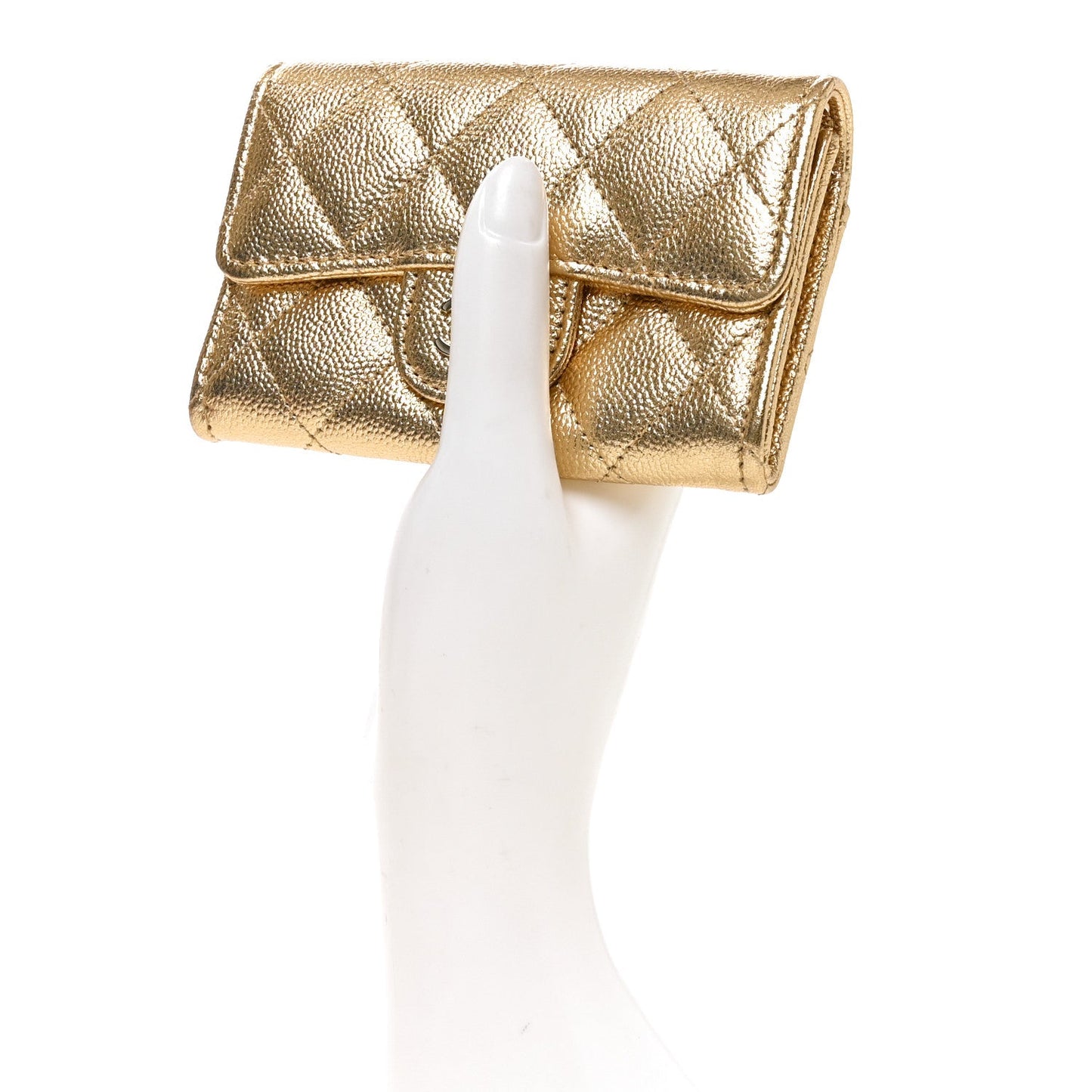 Metallic Caviar Quilted Flap Card Holder Wallet Gold
