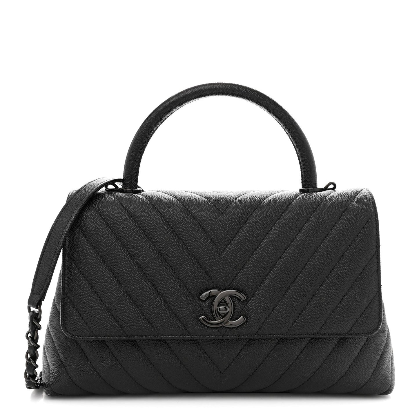Caviar Chevron Quilted Small Coco Handle Flap So Black