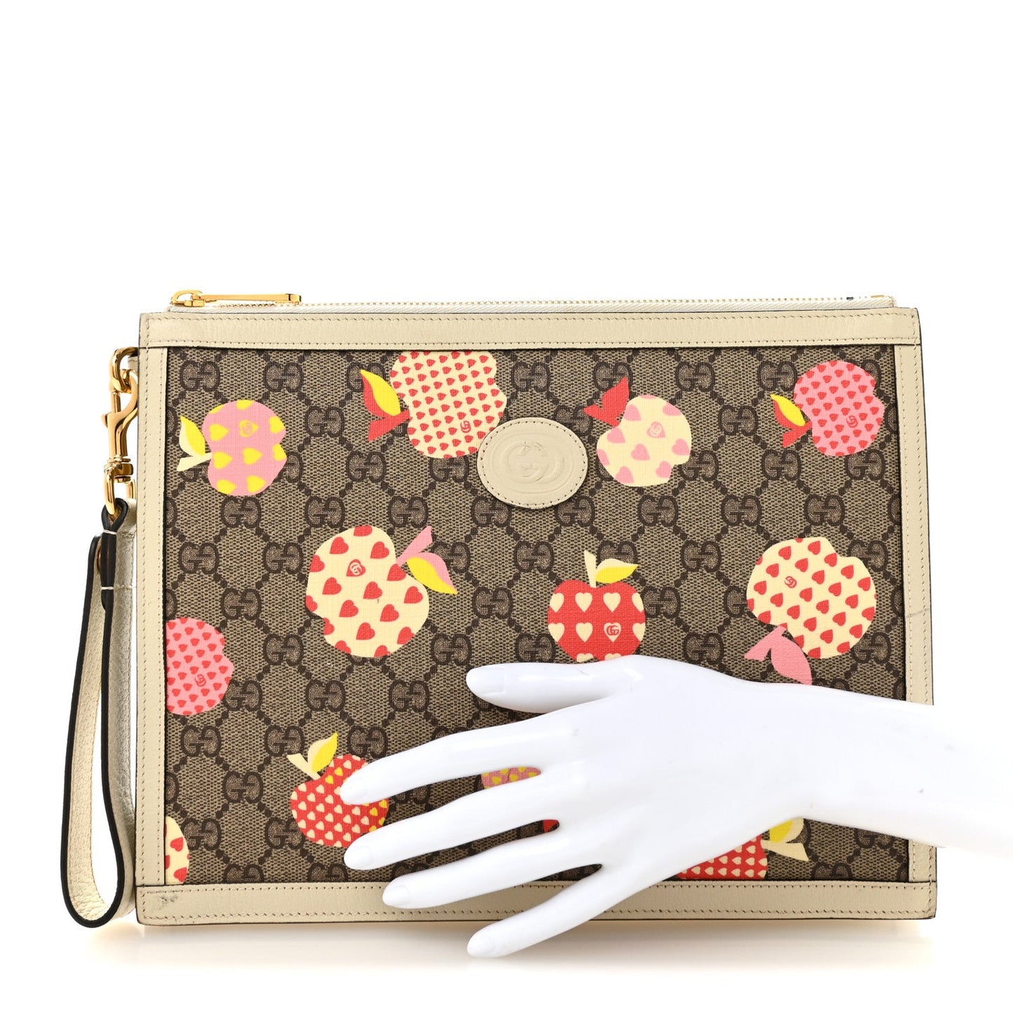 GG Supreme Monogram Les Pommes Interlocking G Wristlet Pouch  Beige Multicolor Mystic White