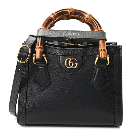 Textured Dollar Calfskin Web Mini Diana Tote Bag Black Dusty Grey