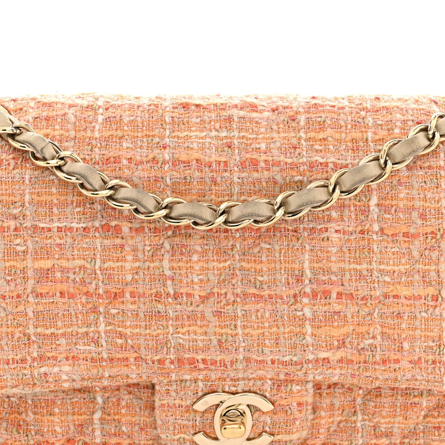 Tweed Quilted Medium Double Flap Orange Beige Multicolor